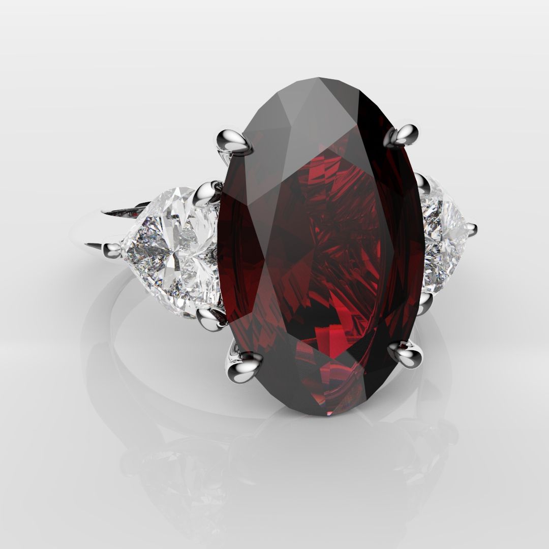 Oval Ruby and Heart Diamond Trilogy Engagement Ring