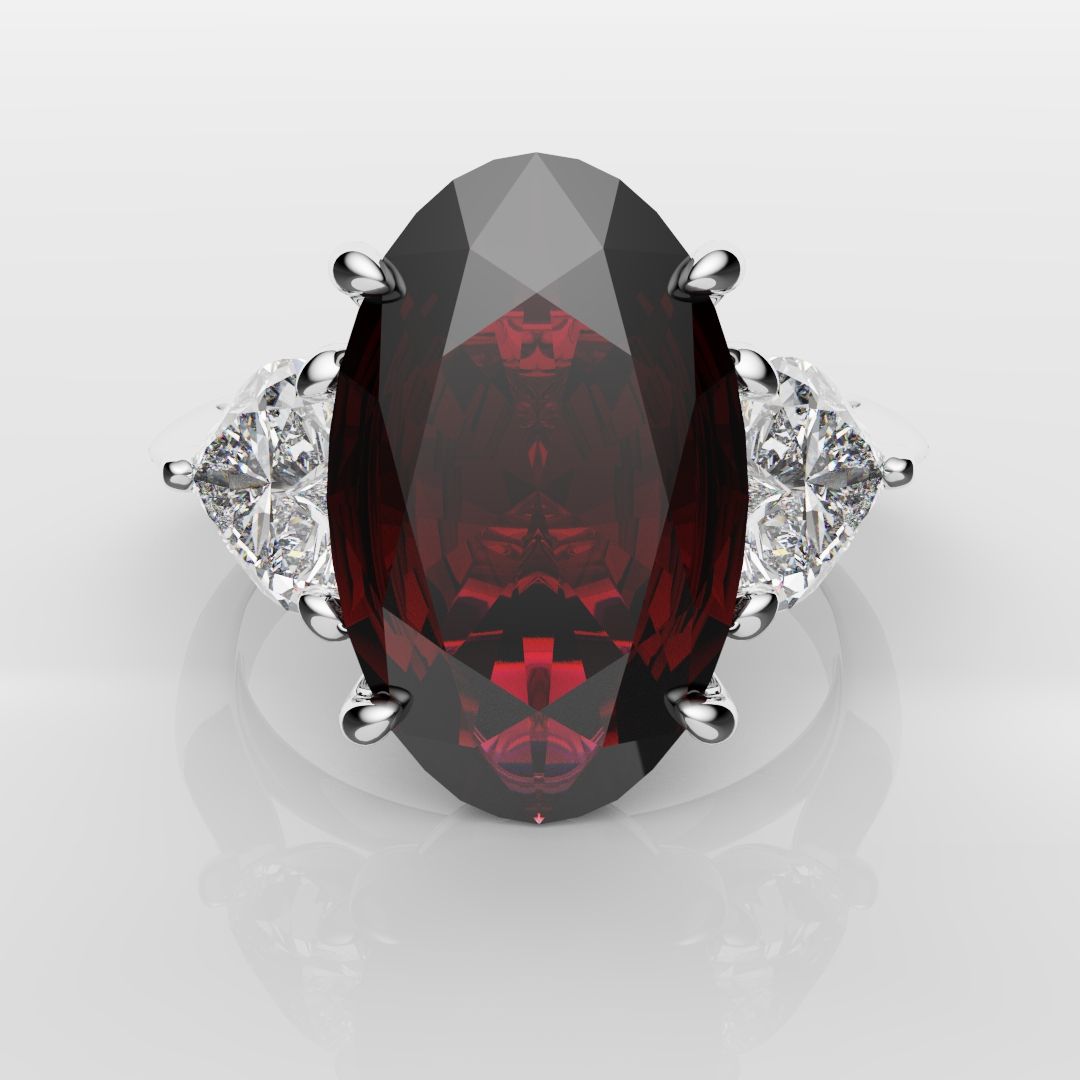 Oval Ruby and Heart Diamond Trilogy Engagement Ring