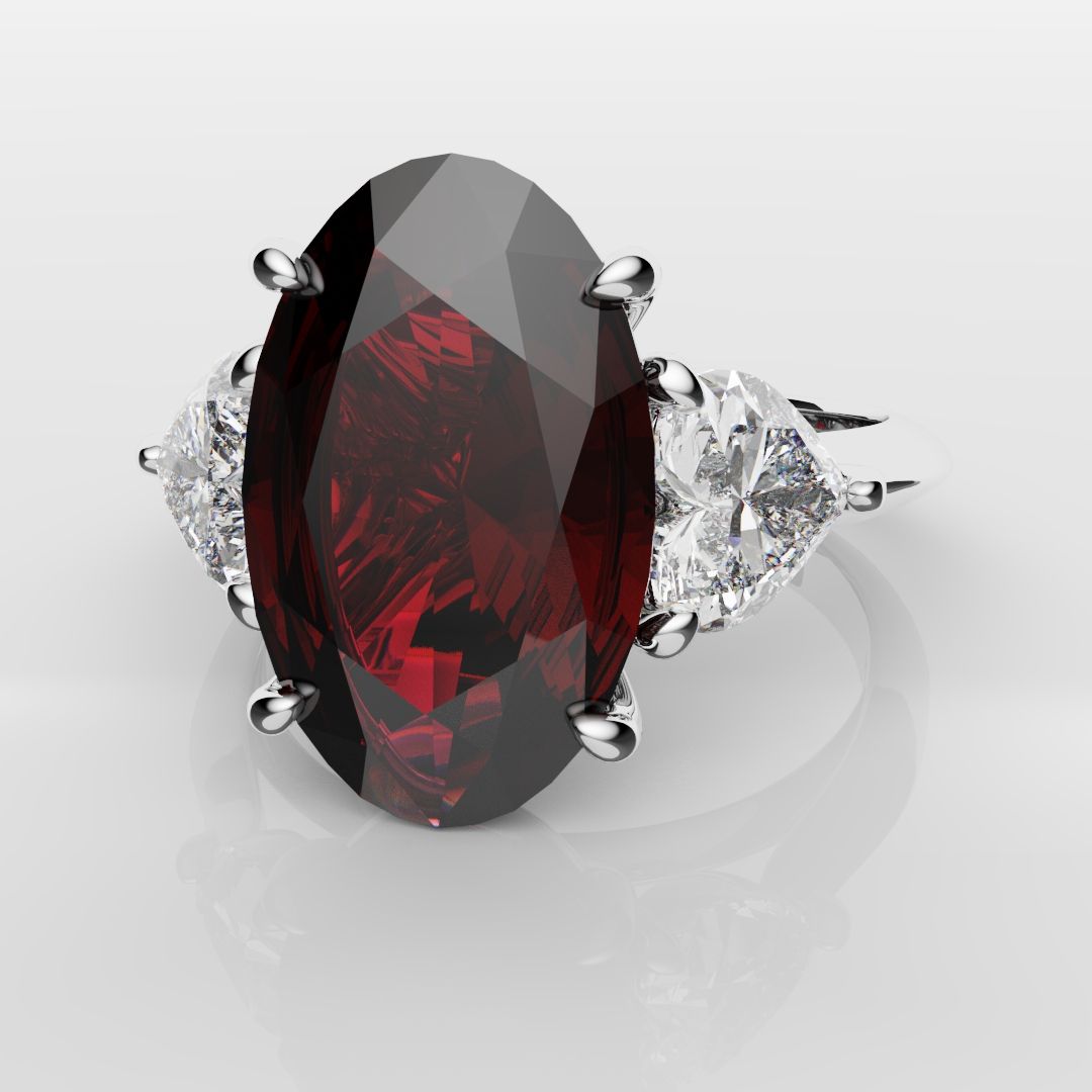 Oval Ruby and Heart Diamond Trilogy Engagement Ring