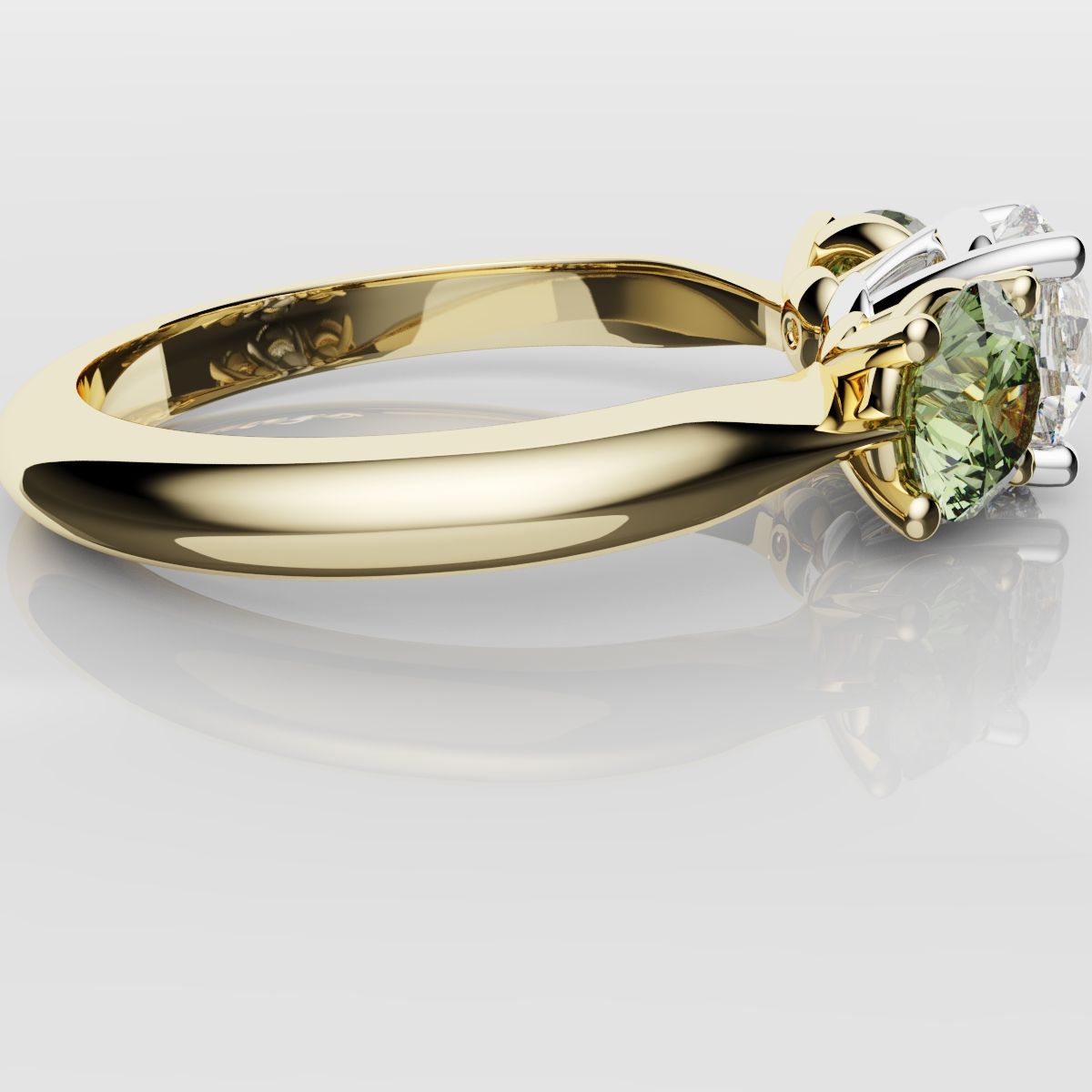 Three Stone Engagement Ring With Green Shoulder Diamonds