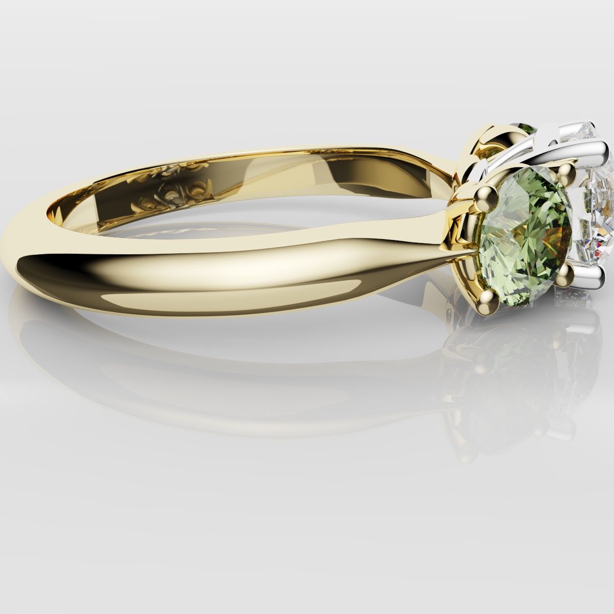 Three Stone Engagement Ring With Green Shoulder Diamonds