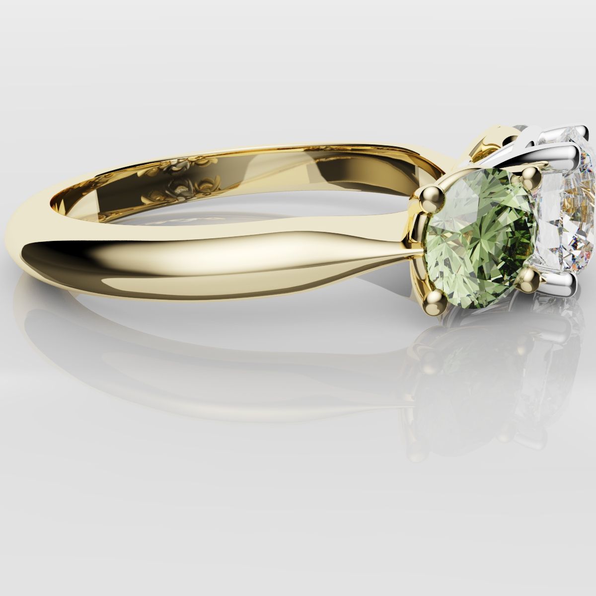 Three Stone Engagement Ring With Green Shoulder Diamonds