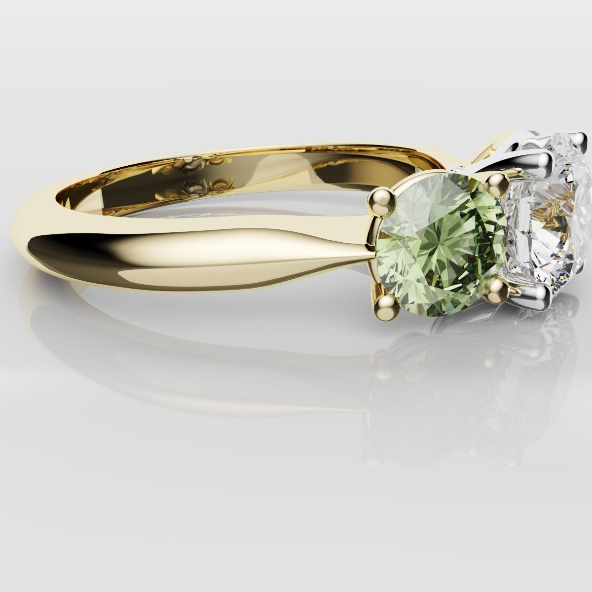 Three Stone Engagement Ring With Green Shoulder Diamonds