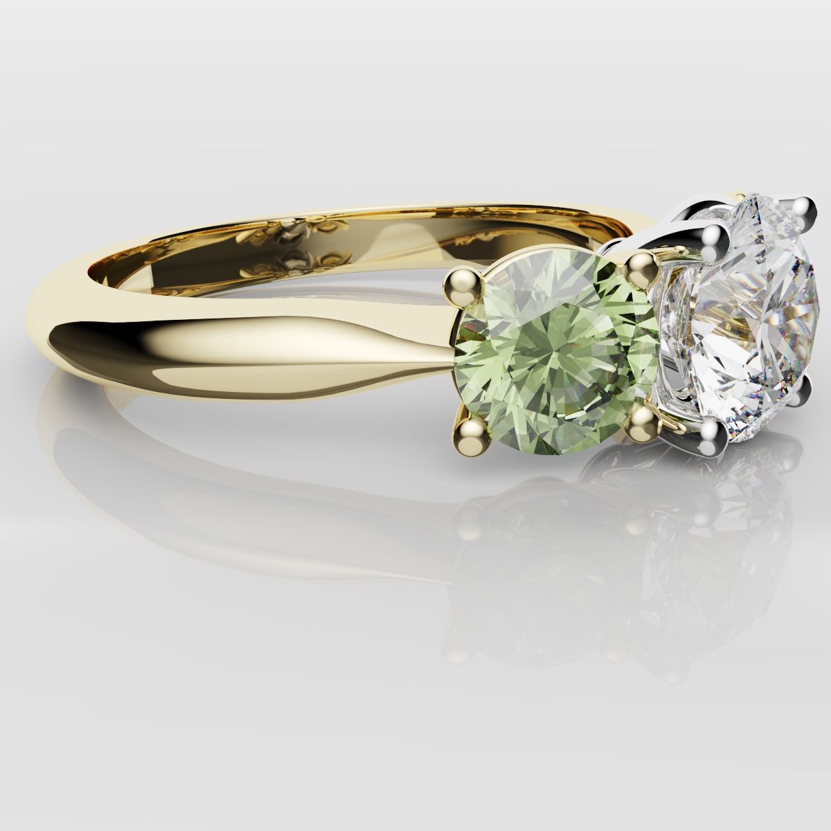 Three Stone Engagement Ring With Green Shoulder Diamonds