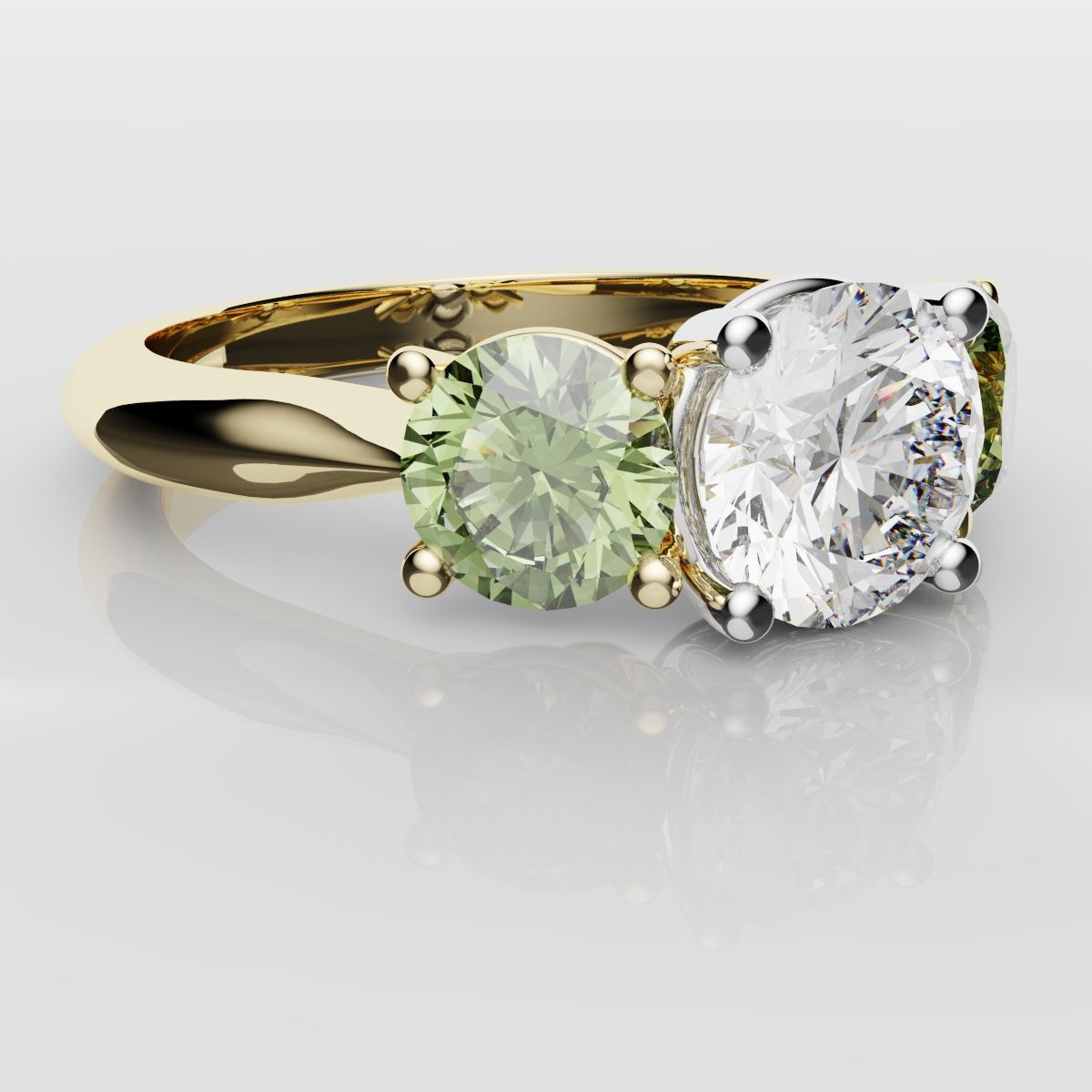 Three Stone Engagement Ring With Green Shoulder Diamonds