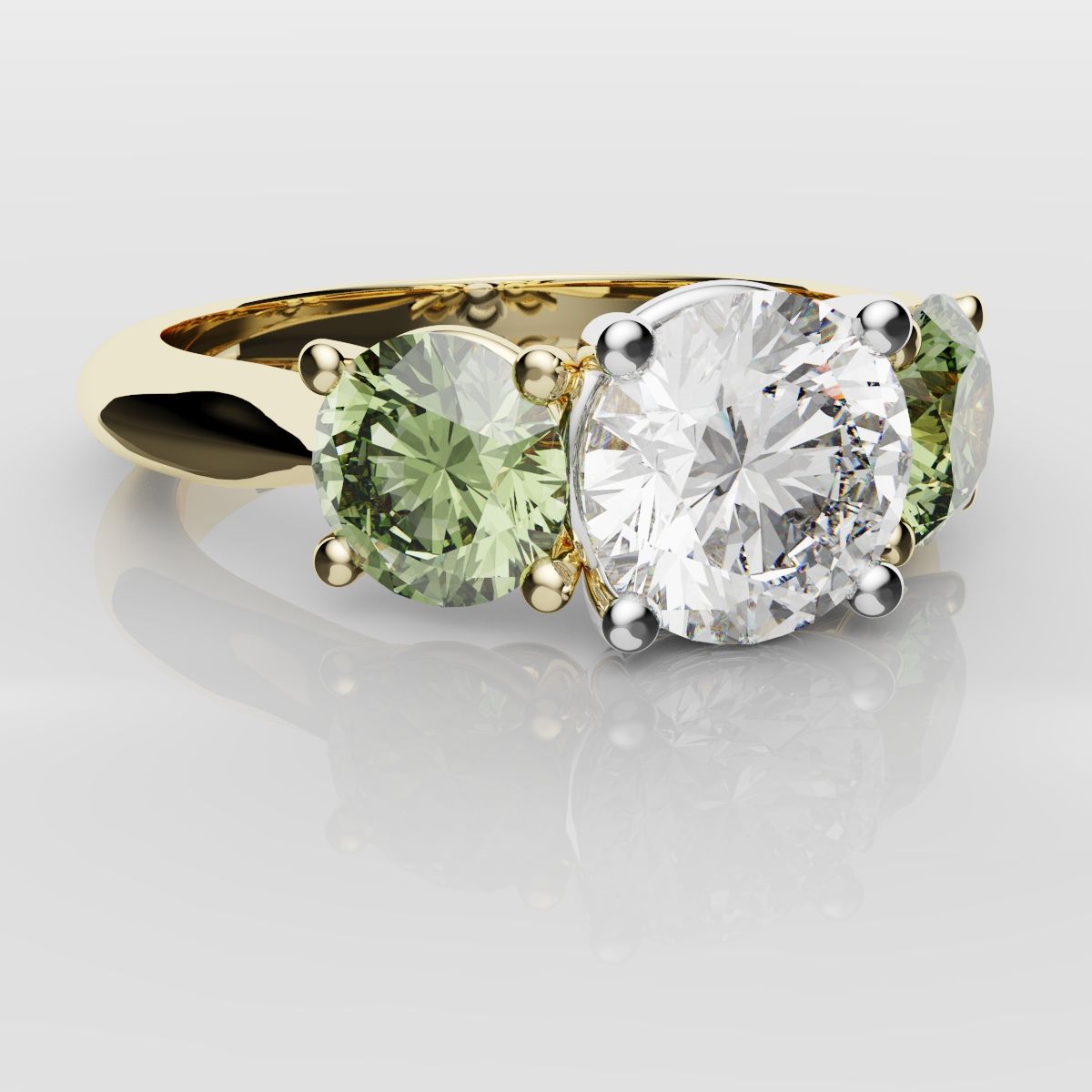 Three Stone Engagement Ring With Green Shoulder Diamonds