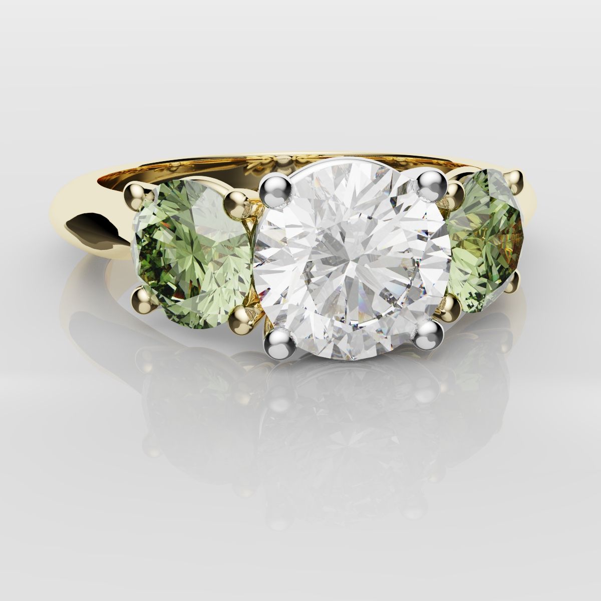 Three Stone Engagement Ring With Green Shoulder Diamonds
