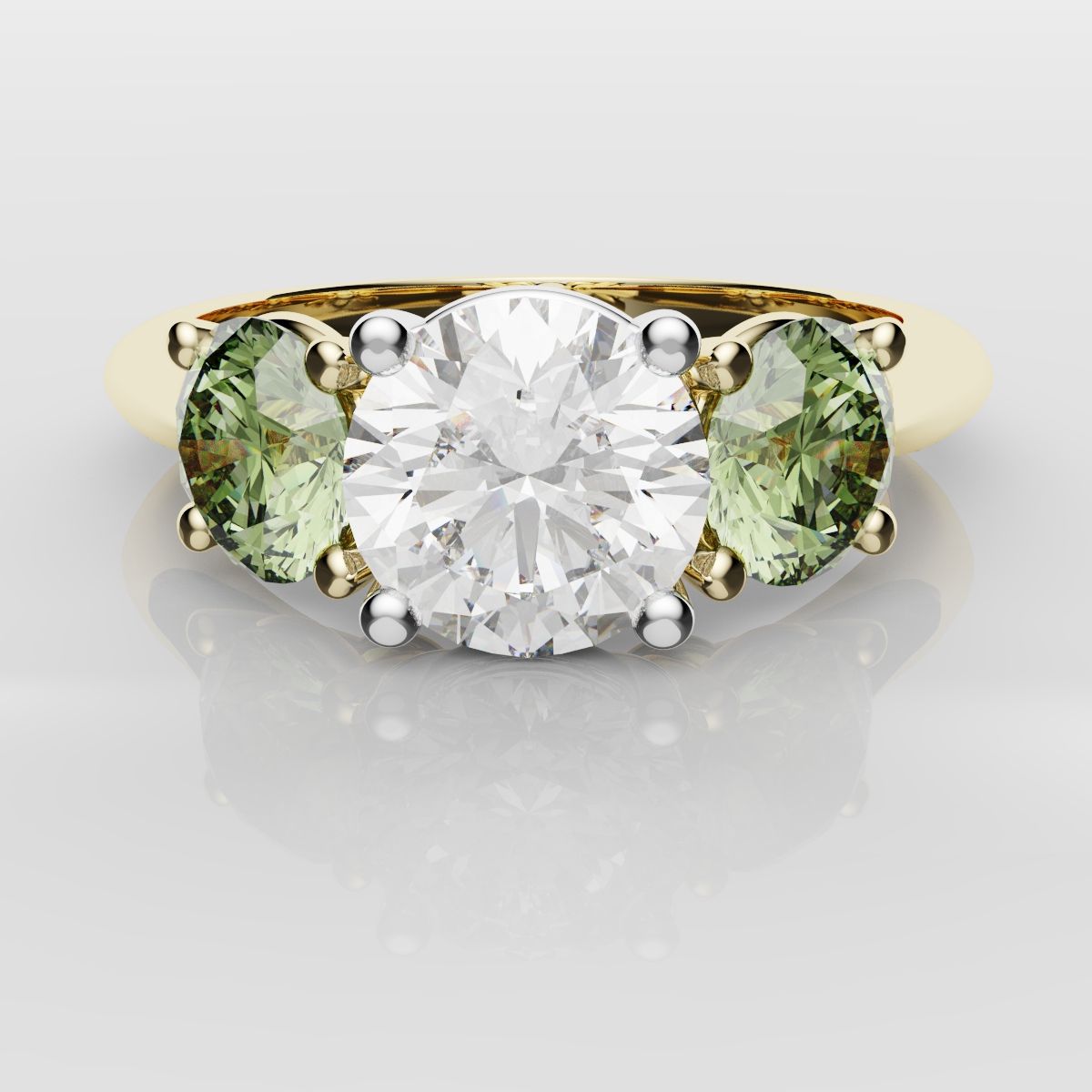 Three Stone Engagement Ring With Green Shoulder Diamonds