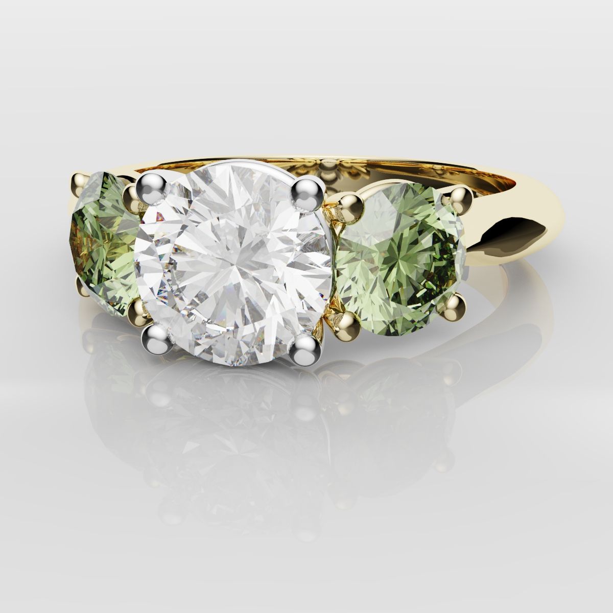 Three Stone Engagement Ring With Green Shoulder Diamonds