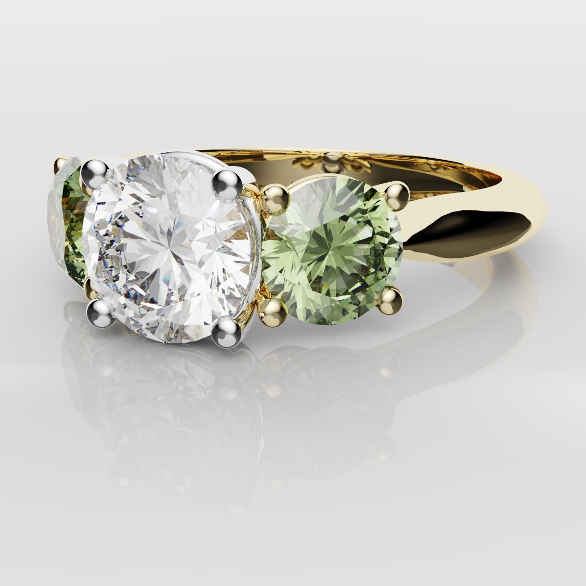 Three Stone Engagement Ring With Green Shoulder Diamonds