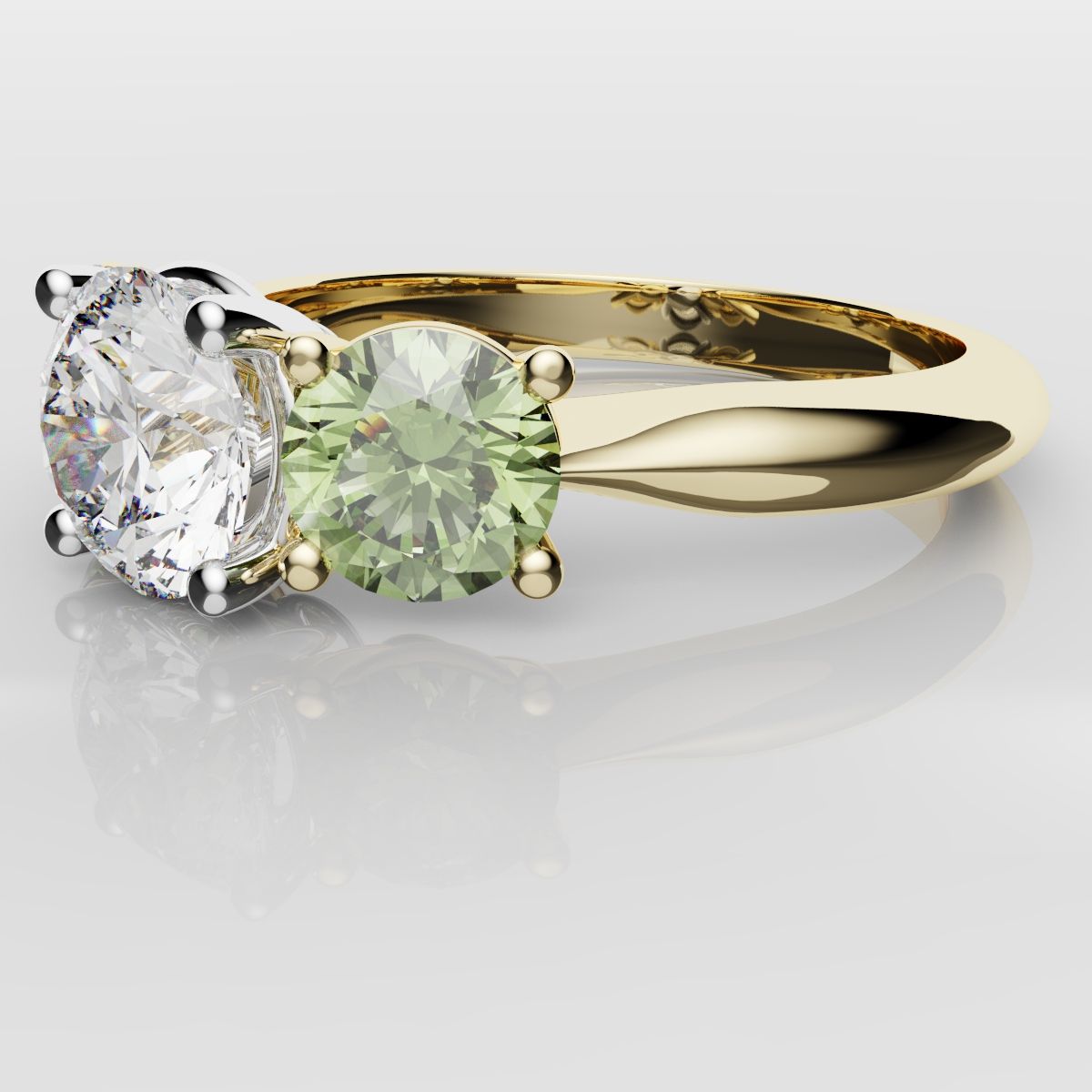 Three Stone Engagement Ring With Green Shoulder Diamonds