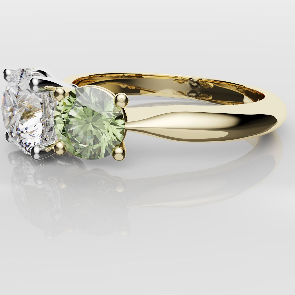 Three Stone Engagement Ring With Green Shoulder Diamonds