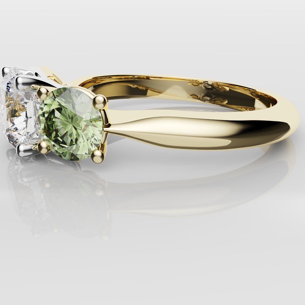 Three Stone Engagement Ring With Green Shoulder Diamonds