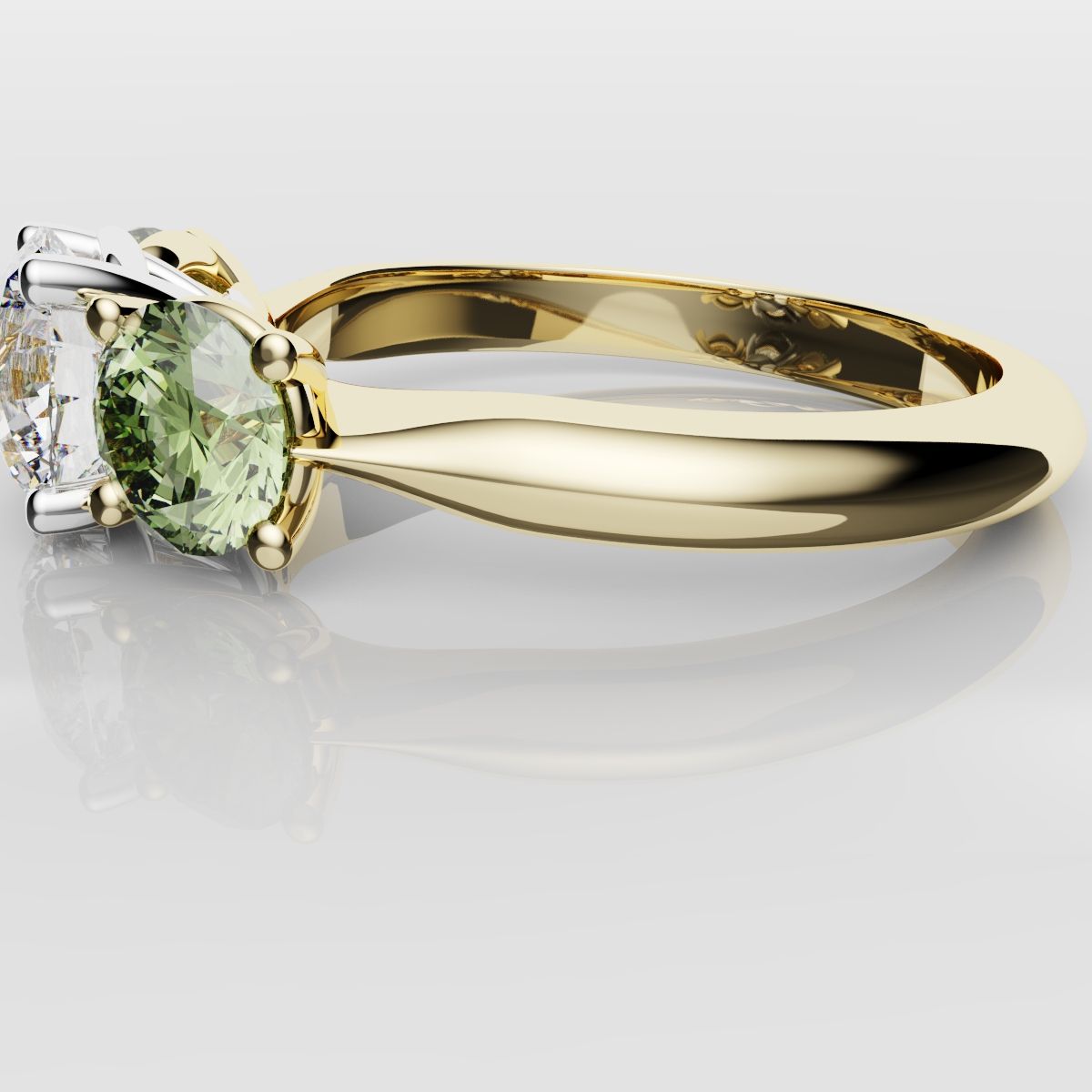 Three Stone Engagement Ring With Green Shoulder Diamonds