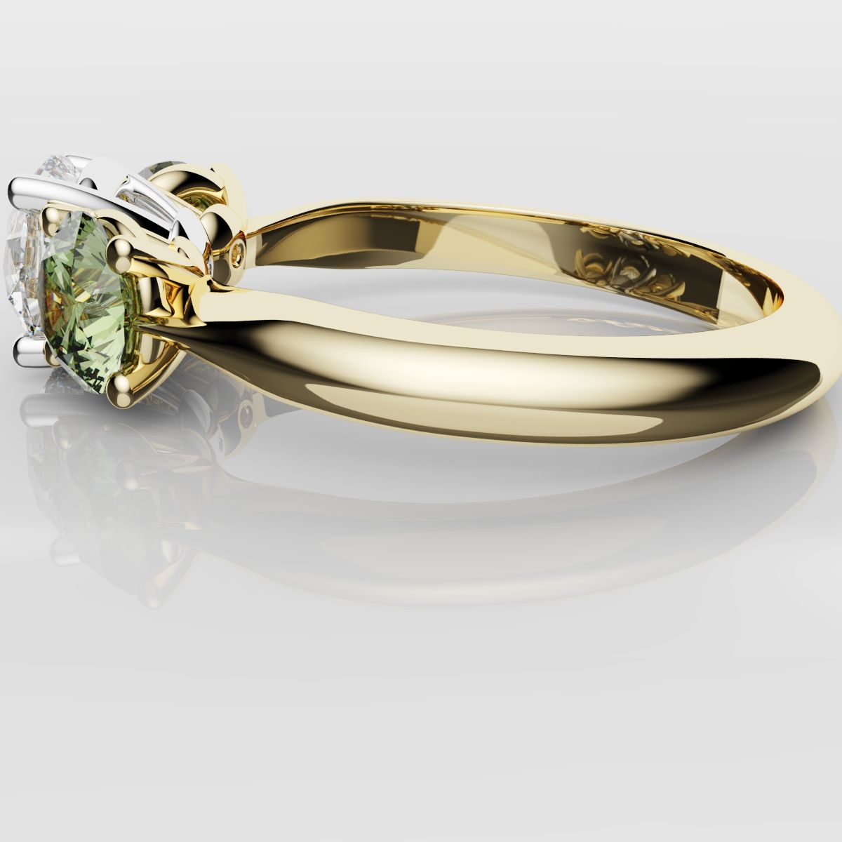Three Stone Engagement Ring With Green Shoulder Diamonds