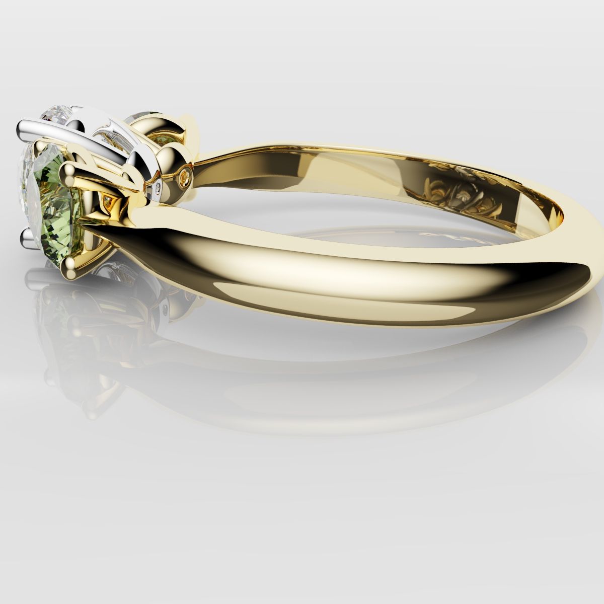 Three Stone Engagement Ring With Green Shoulder Diamonds