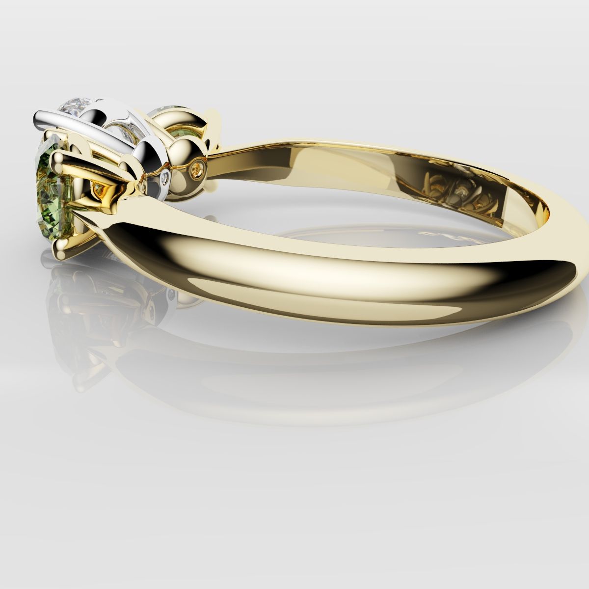 Three Stone Engagement Ring With Green Shoulder Diamonds