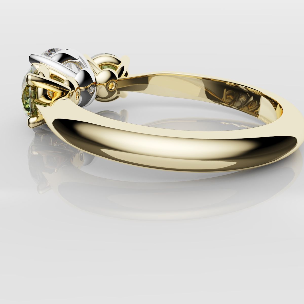 Three Stone Engagement Ring With Green Shoulder Diamonds