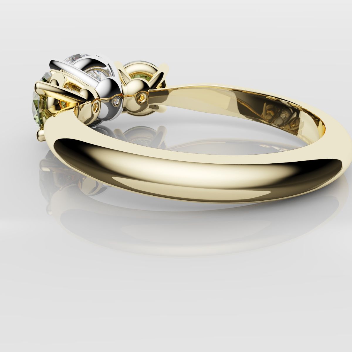 Three Stone Engagement Ring With Green Shoulder Diamonds
