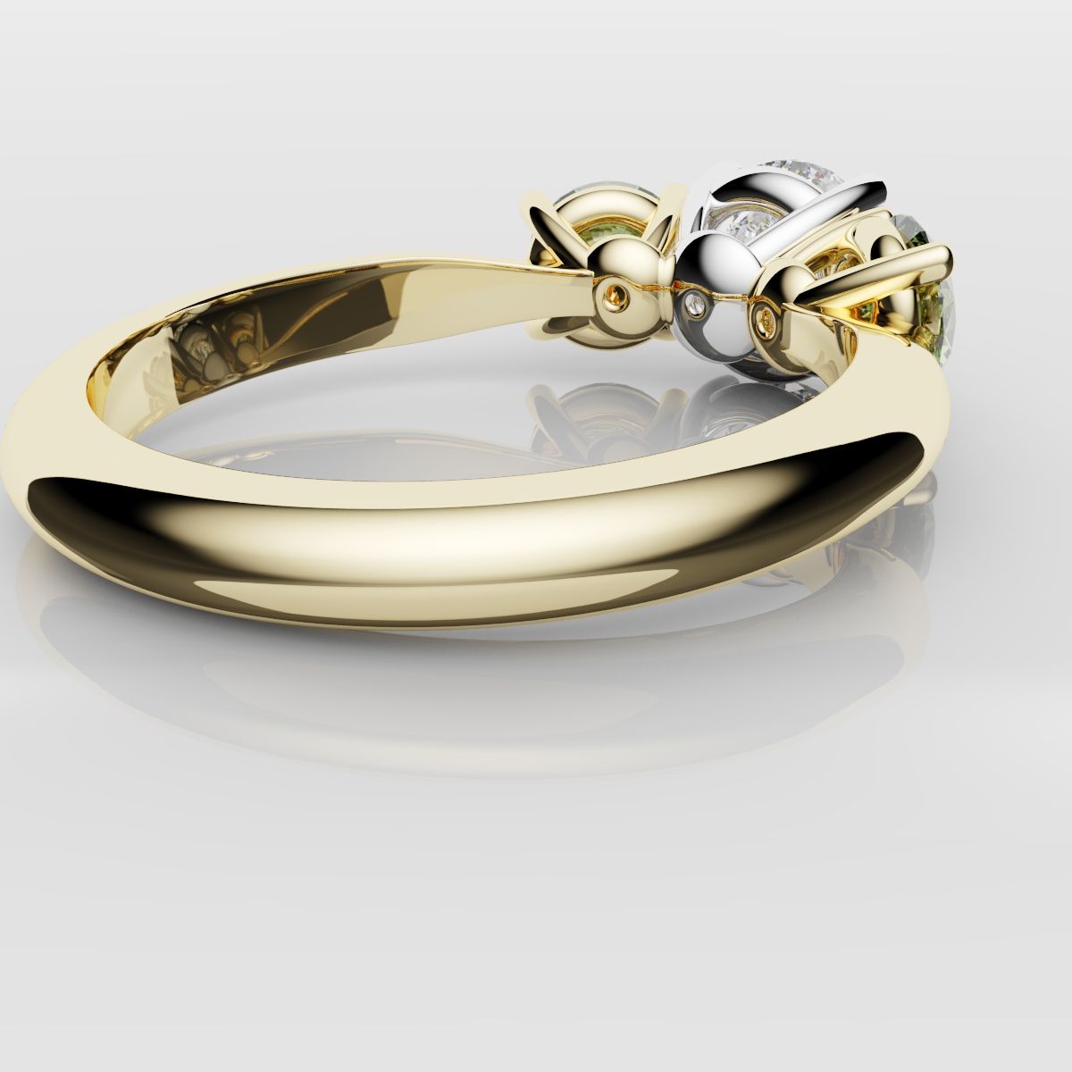 Three Stone Engagement Ring With Green Shoulder Diamonds