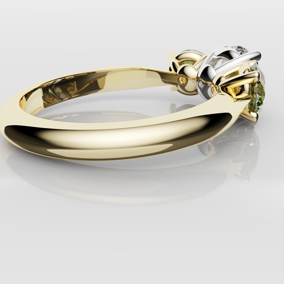 Three Stone Engagement Ring With Green Shoulder Diamonds