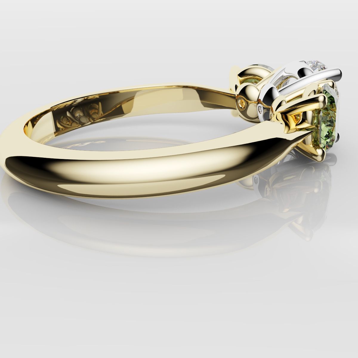 Three Stone Engagement Ring With Green Shoulder Diamonds