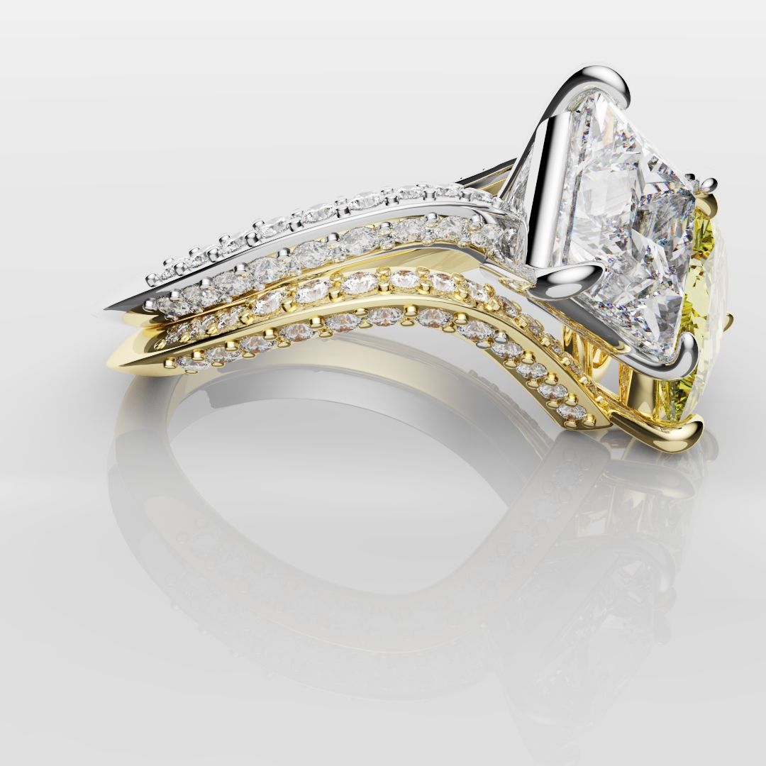 Toi Et Moi Princess Cut and Pear Yellow Diamond Engagement Ring