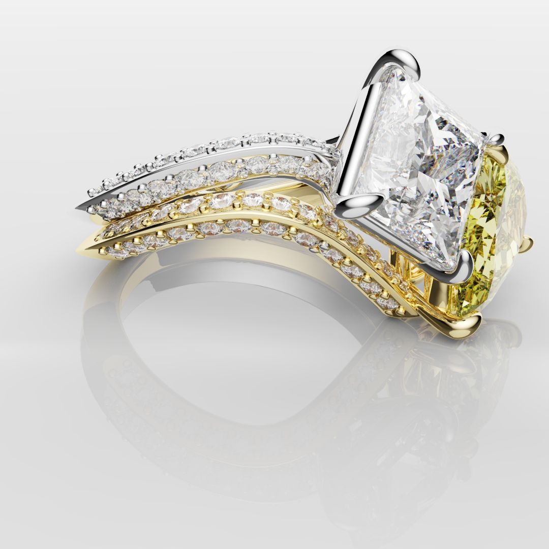 Toi Et Moi Princess Cut and Pear Yellow Diamond Engagement Ring