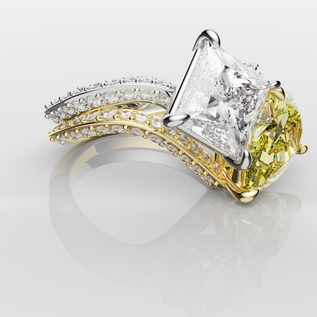 Toi Et Moi Princess Cut and Pear Yellow Diamond Engagement Ring
