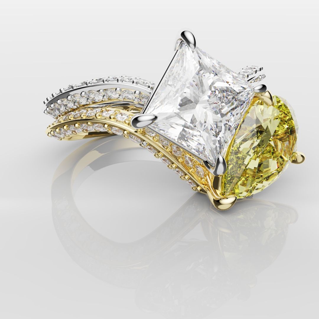 Toi Et Moi Princess Cut and Pear Yellow Diamond Engagement Ring