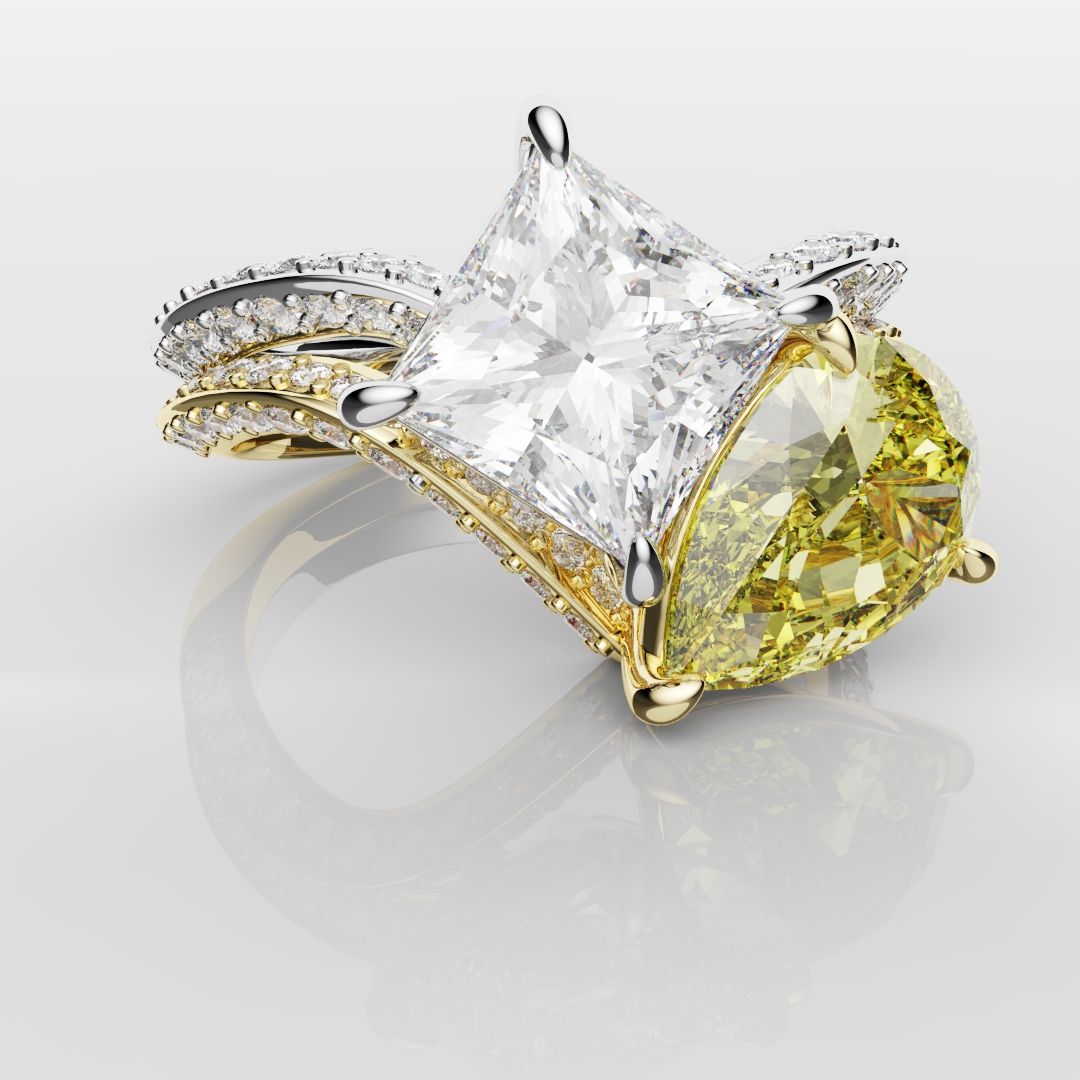 Toi Et Moi Princess Cut and Pear Yellow Diamond Engagement Ring
