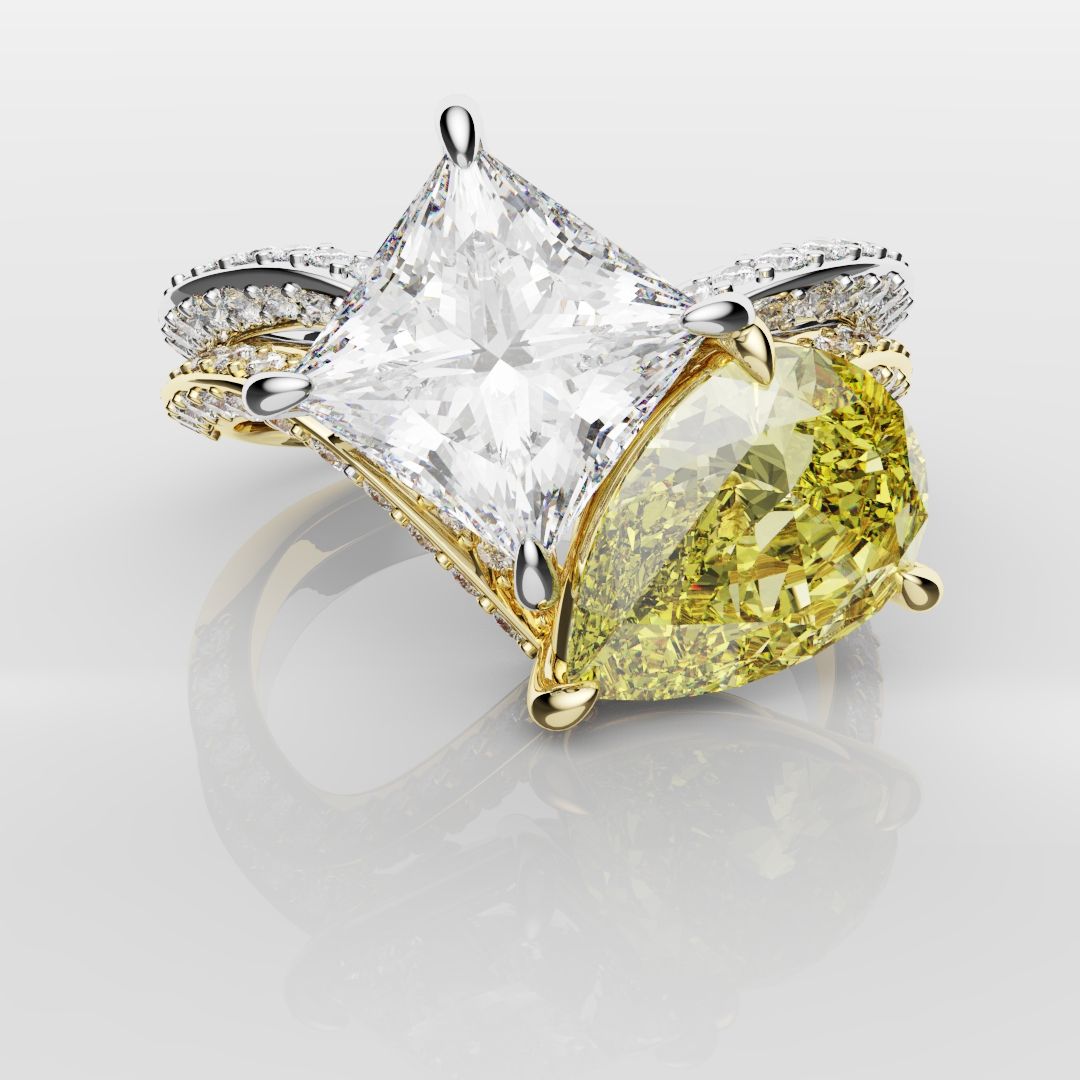 Toi Et Moi Princess Cut and Pear Yellow Diamond Engagement Ring