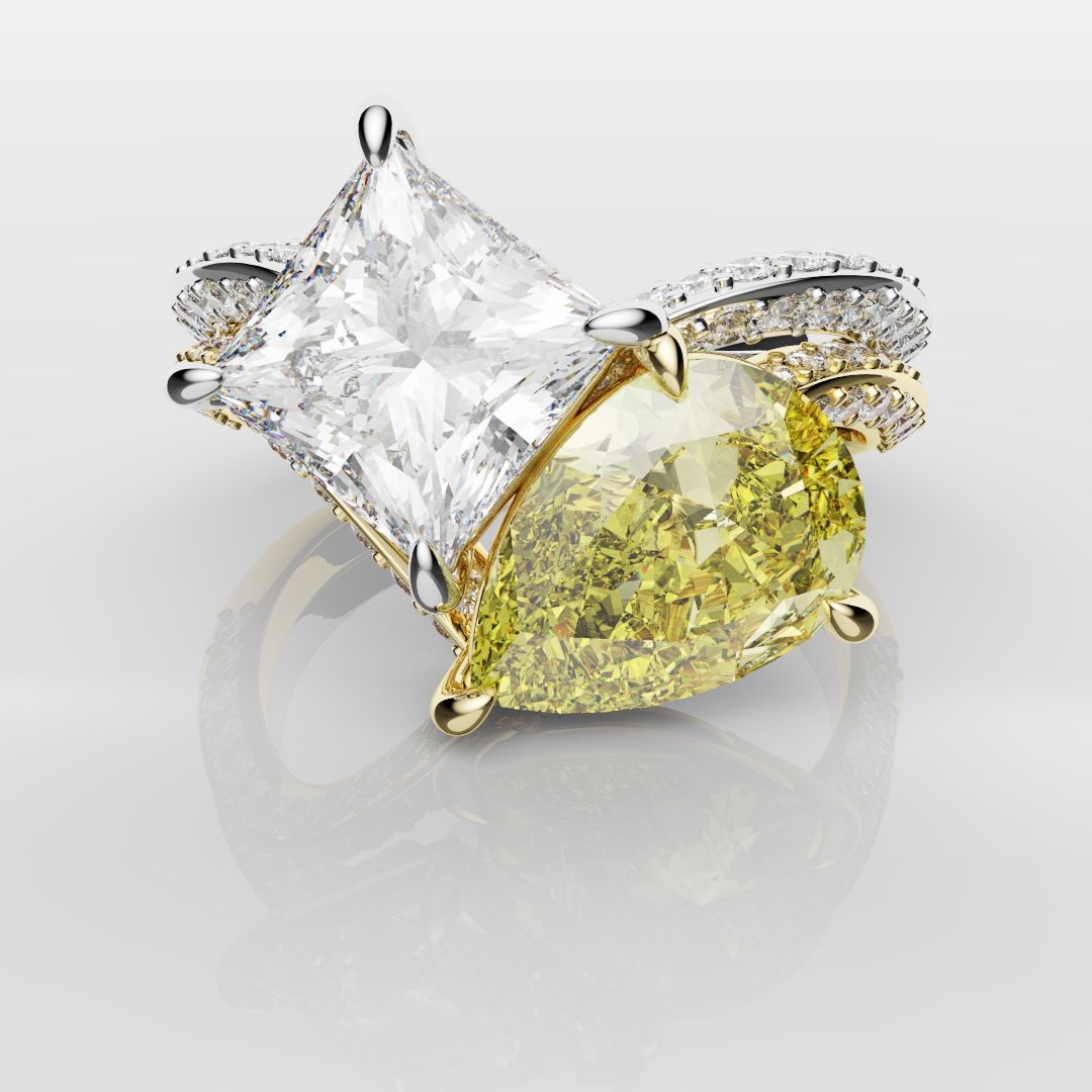Toi Et Moi Princess Cut and Pear Yellow Diamond Engagement Ring