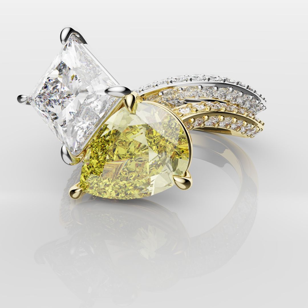 Toi Et Moi Princess Cut and Pear Yellow Diamond Engagement Ring