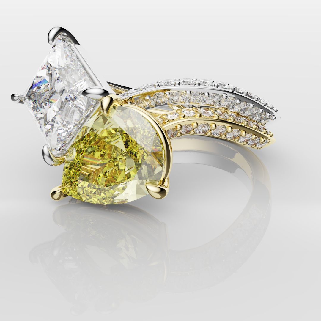 Toi Et Moi Princess Cut and Pear Yellow Diamond Engagement Ring