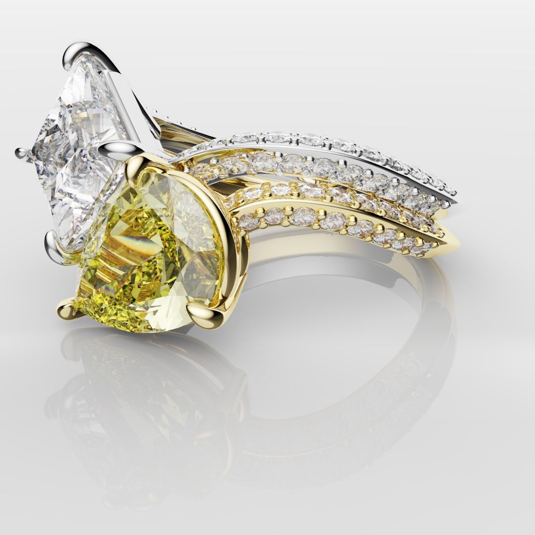 Toi Et Moi Princess Cut and Pear Yellow Diamond Engagement Ring