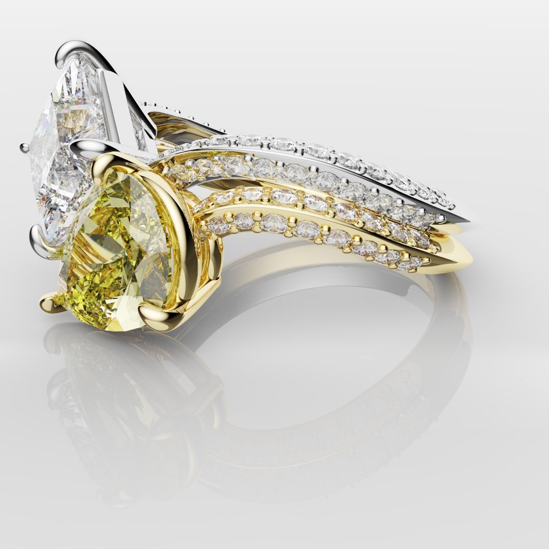 Toi Et Moi Princess Cut and Pear Yellow Diamond Engagement Ring