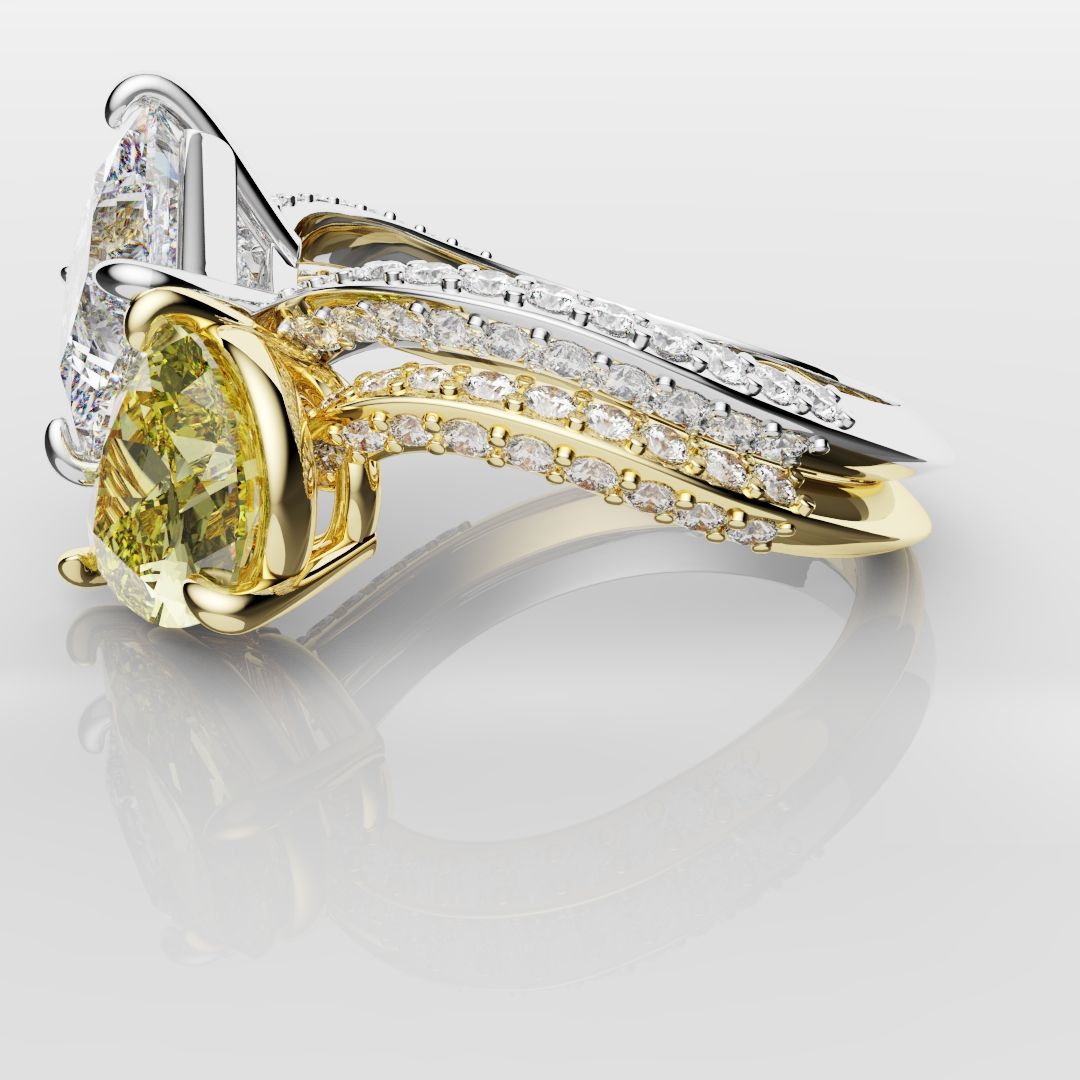 Toi Et Moi Princess Cut and Pear Yellow Diamond Engagement Ring