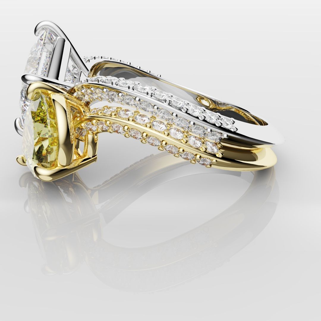 Toi Et Moi Princess Cut and Pear Yellow Diamond Engagement Ring