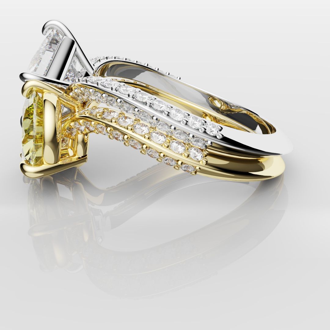 Toi Et Moi Princess Cut and Pear Yellow Diamond Engagement Ring