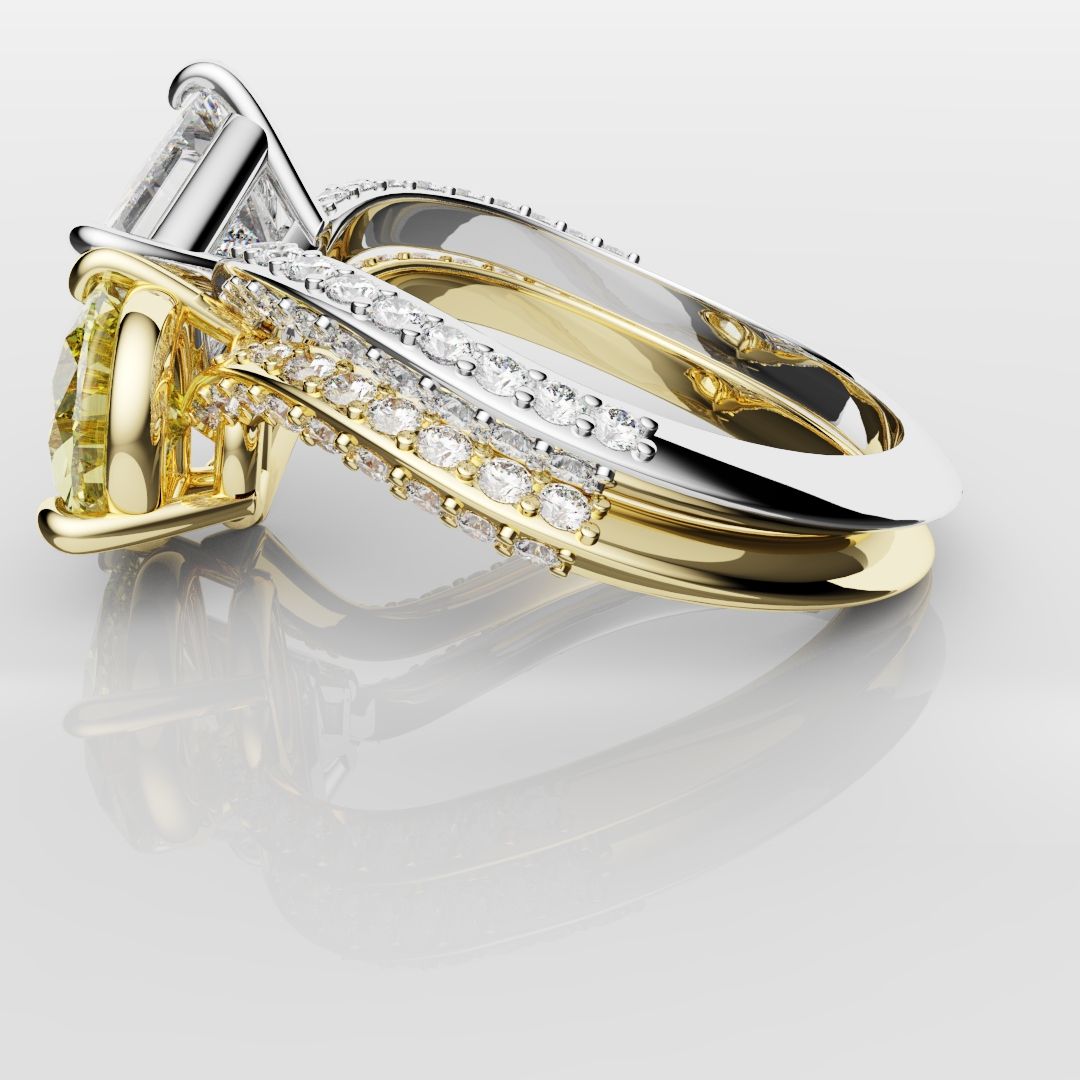 Toi Et Moi Princess Cut and Pear Yellow Diamond Engagement Ring
