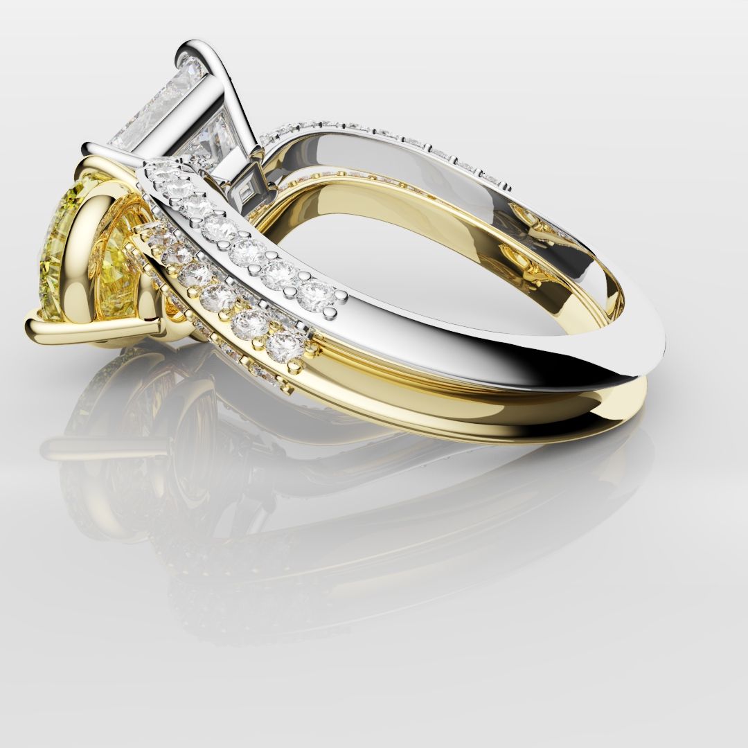 Toi Et Moi Princess Cut and Pear Yellow Diamond Engagement Ring