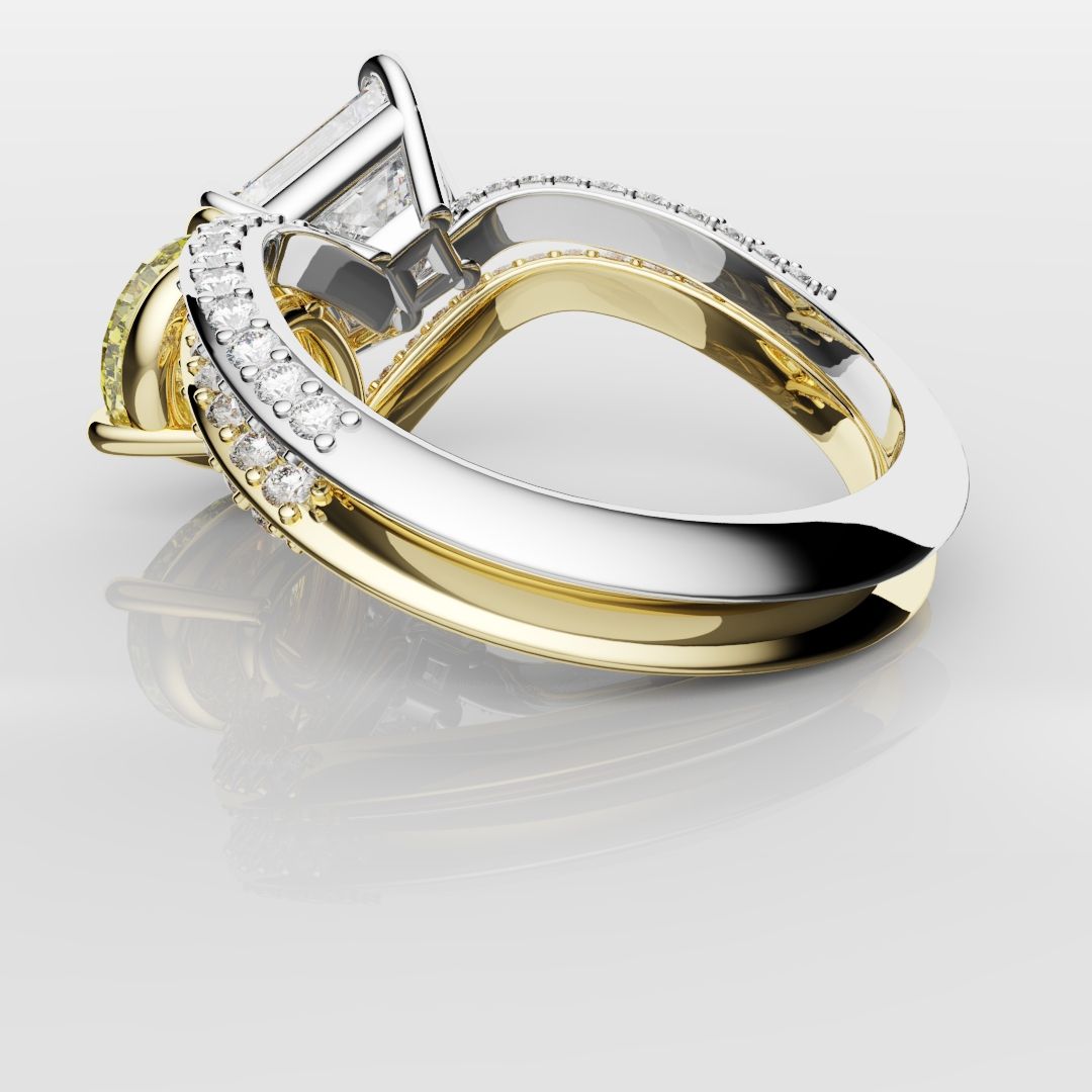 Toi Et Moi Princess Cut and Pear Yellow Diamond Engagement Ring