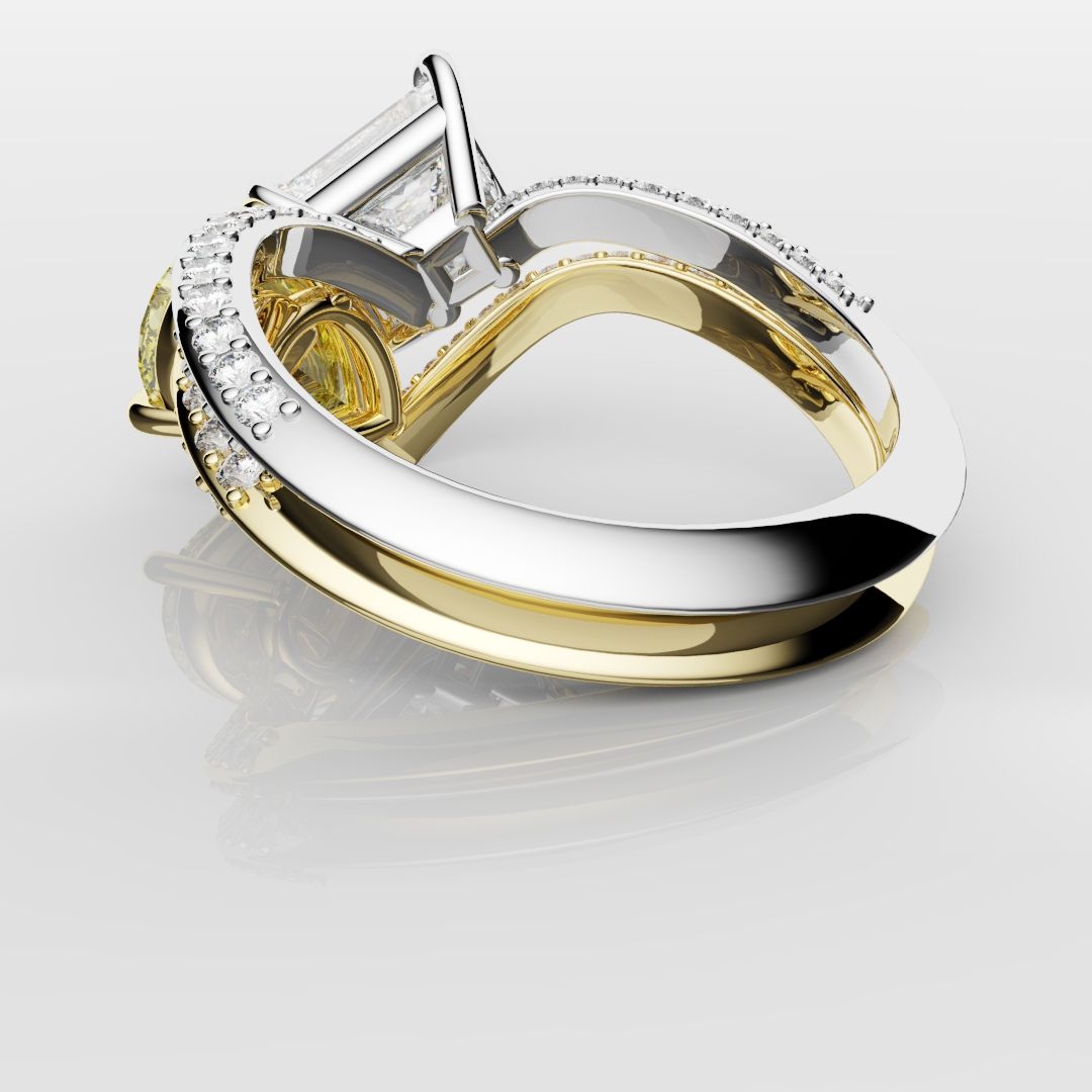 Toi Et Moi Princess Cut and Pear Yellow Diamond Engagement Ring