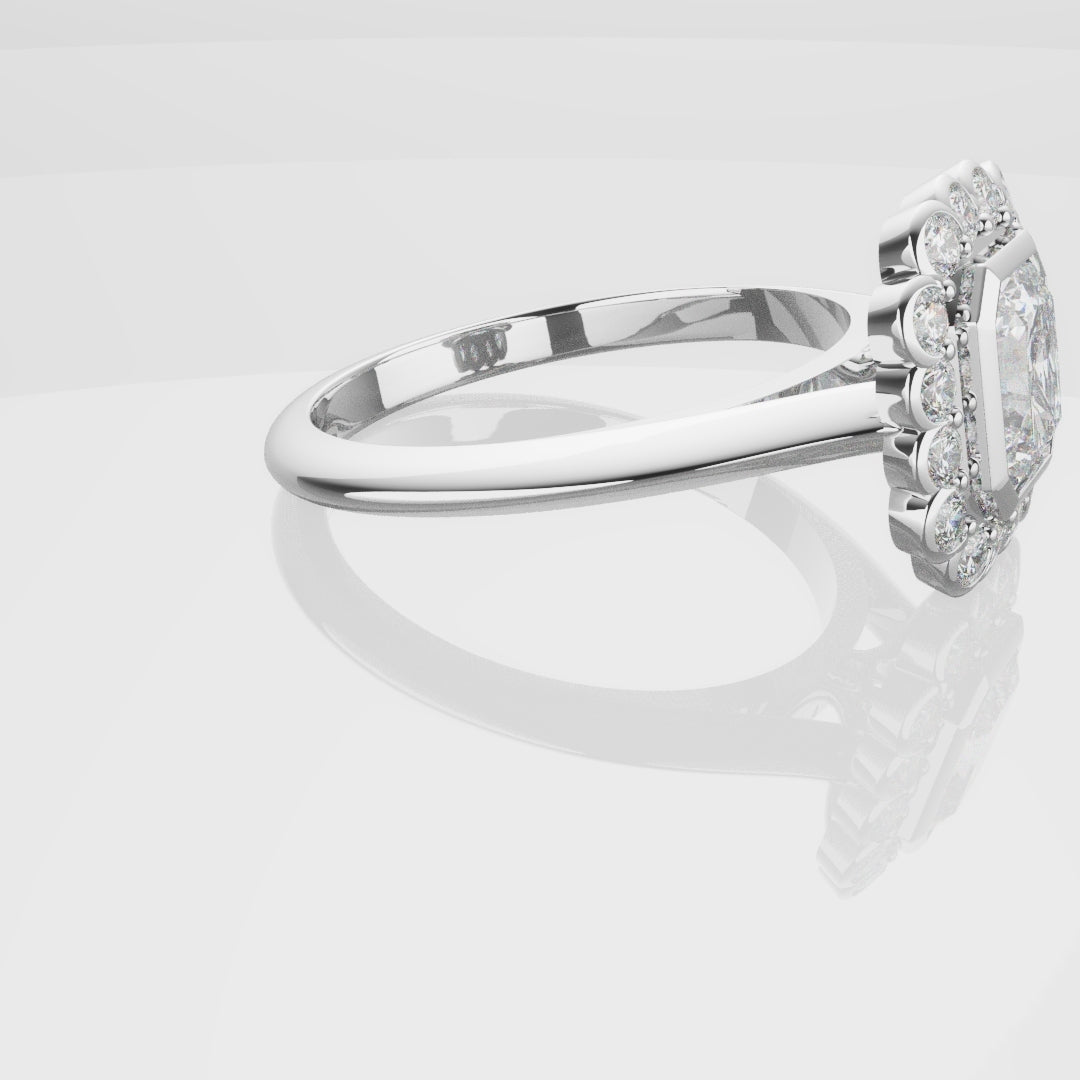 Radiant Cut Diamond Halo Engagement Ring With Rub-over Setting