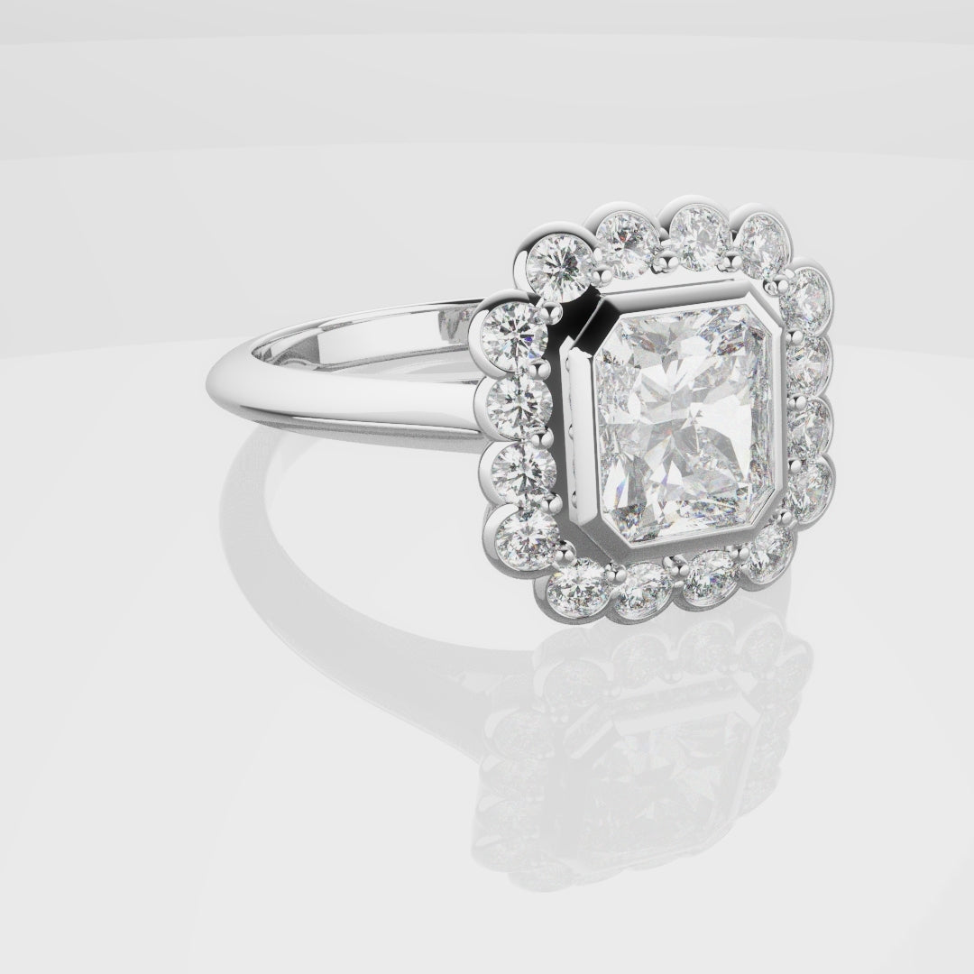 Radiant Cut Diamond Halo Engagement Ring With Rub-over Setting