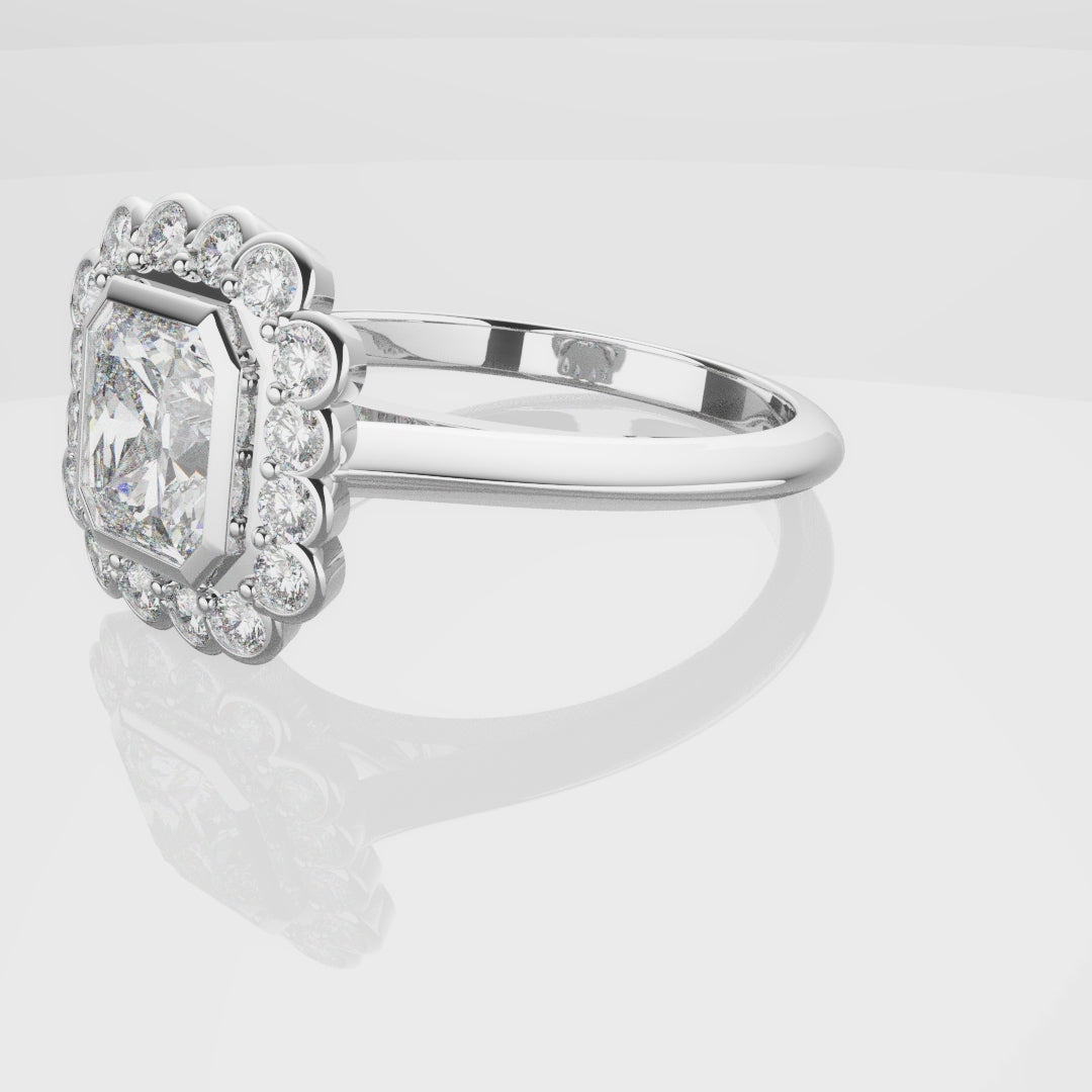 Radiant Cut Diamond Halo Engagement Ring With Rub-over Setting