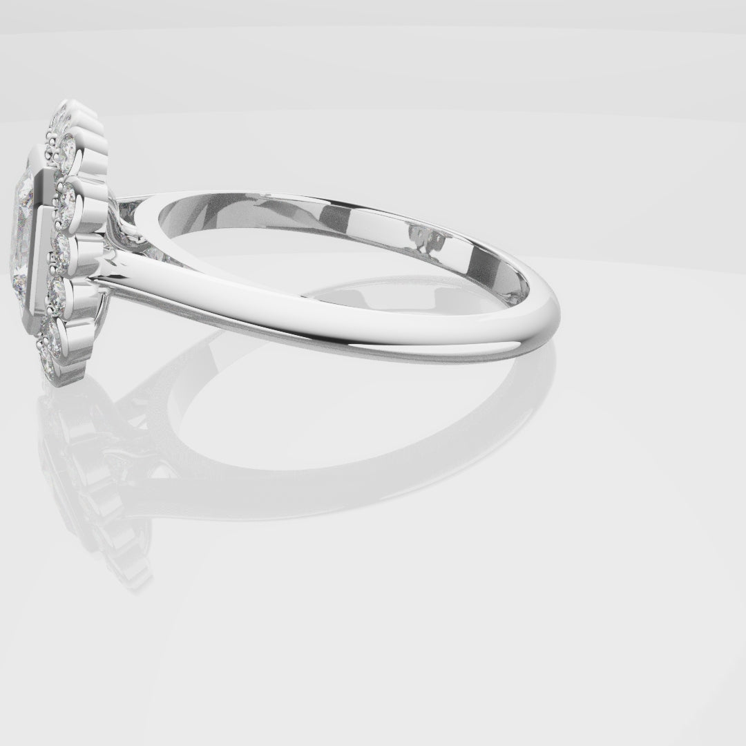 Radiant Cut Diamond Halo Engagement Ring With Rub-over Setting