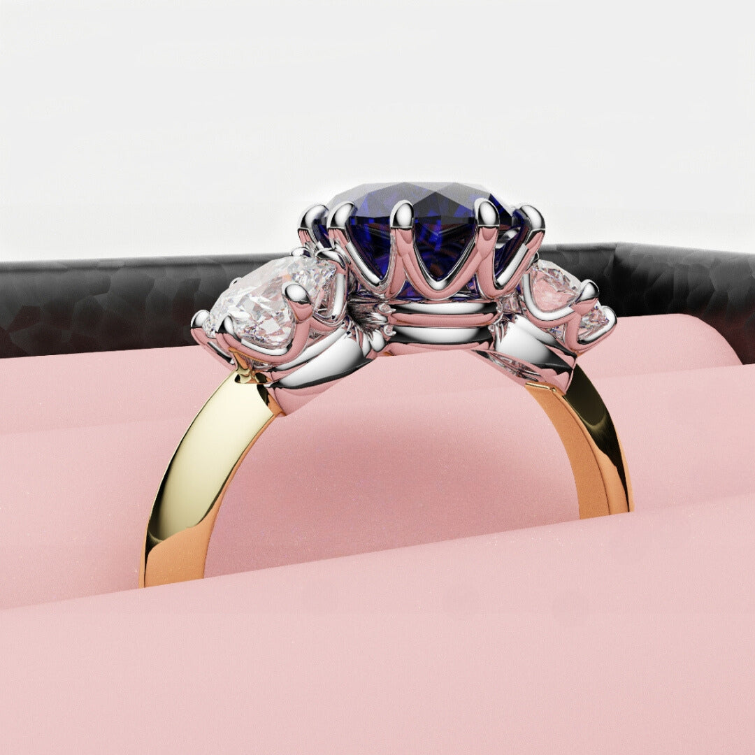 sapphire and diamond three stone engagement ring side profile
