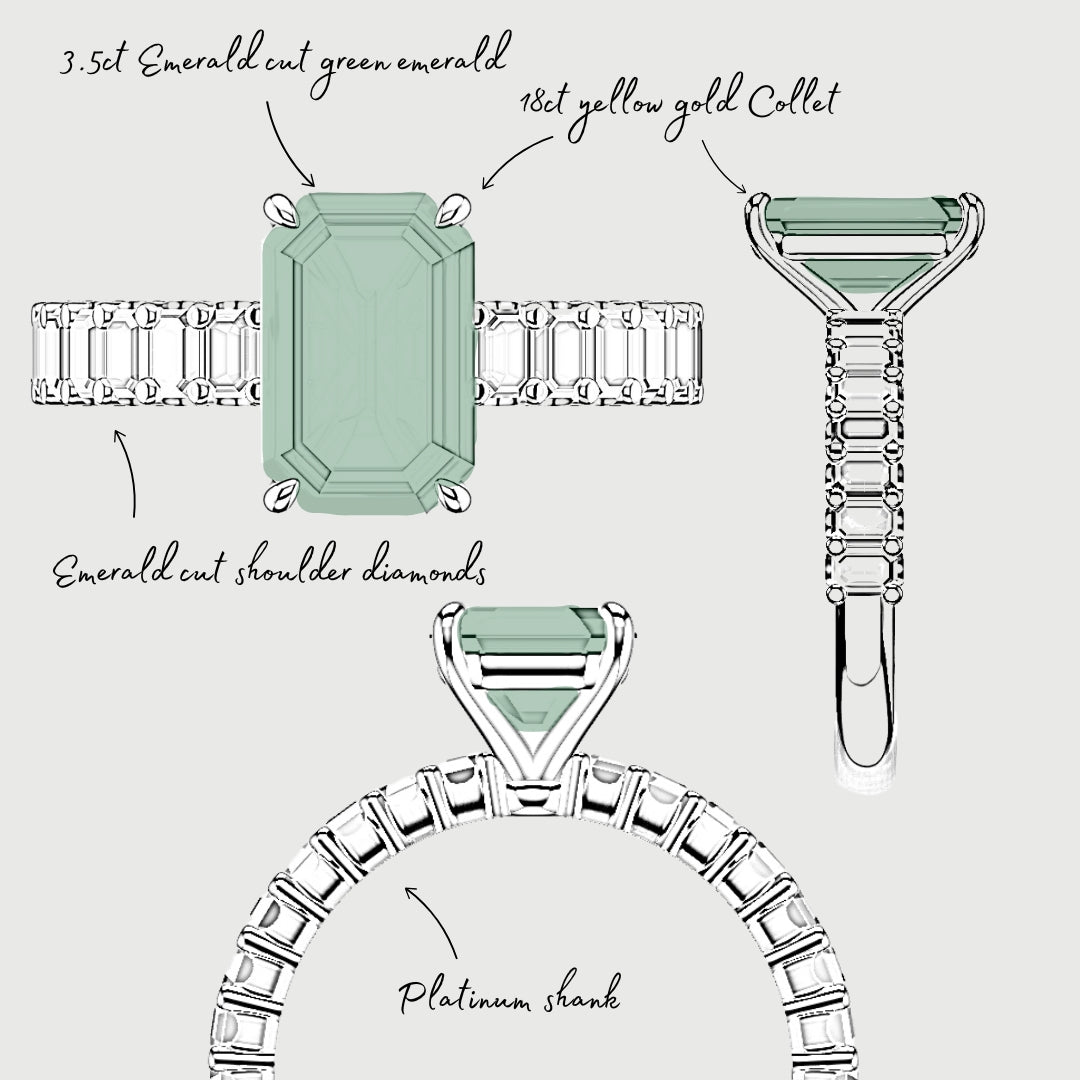 sketch of bespoke green emeralf engagement ring with emerald cut shoulder diamonds